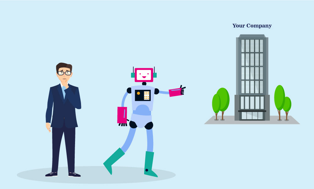 the CO2A robot and bespectacled man are looking at a model of a building, named Your Company. The CO2A robot is pointing at some part of it and bespectacled man has his chin resting on his hand